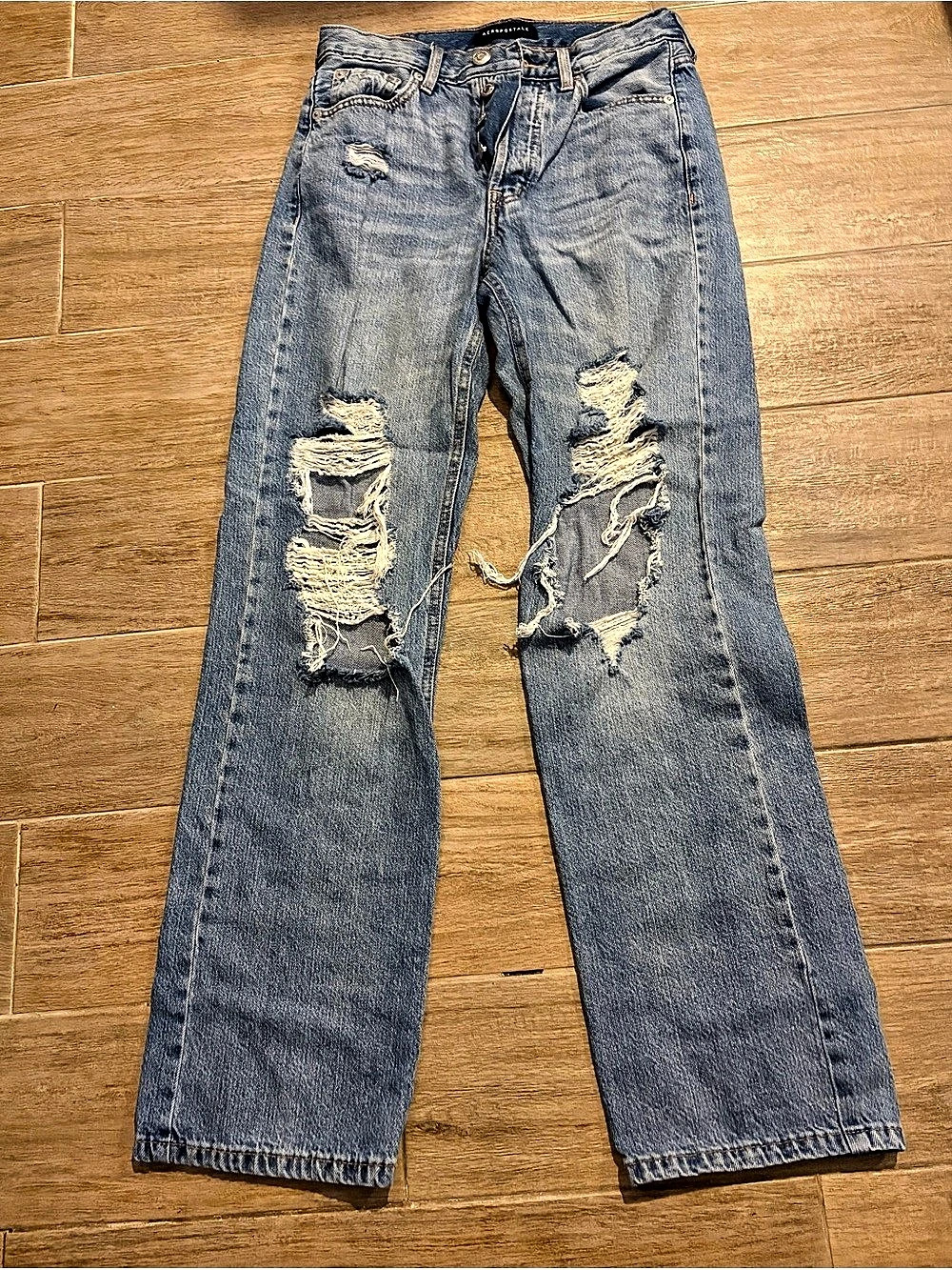Aeropostale 90's Baggy Distressed Jeans Distressed Straight Leg Jeans Blue Size